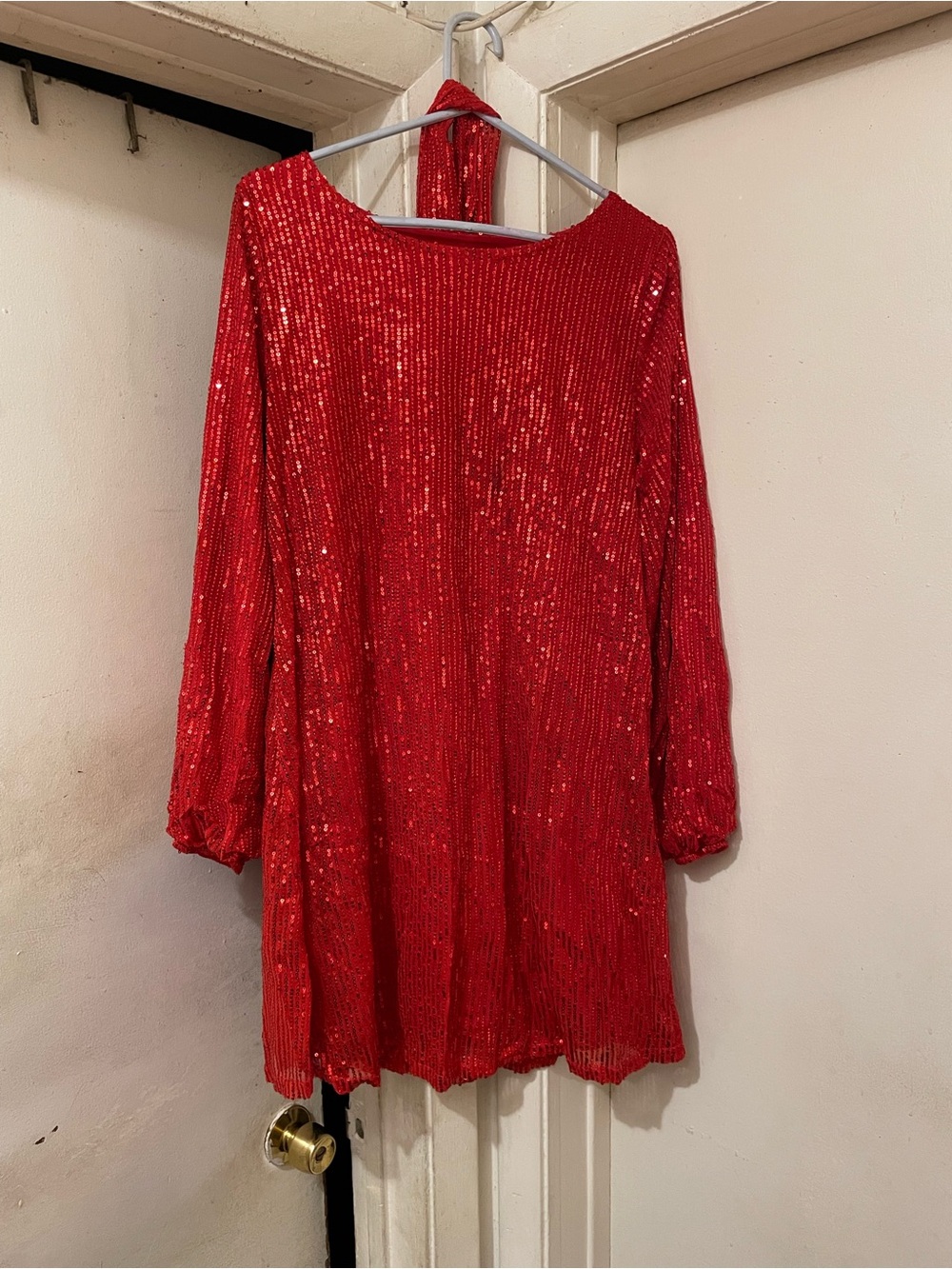 Women’s Red Sequin Shift Mini Party Dress Long Sleeve Size L